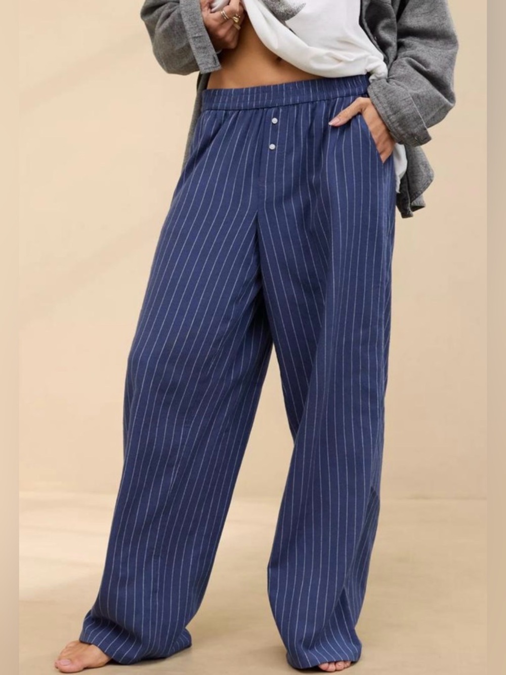 aerie Lounge Oversized Baggy Navy Pinstripe Wide-Leg Pants Size XXS